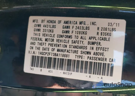 2011 Honda Accord 2.4 Ex z USA, uszkodzony, nr VIN 1HGCP2F73BA118681